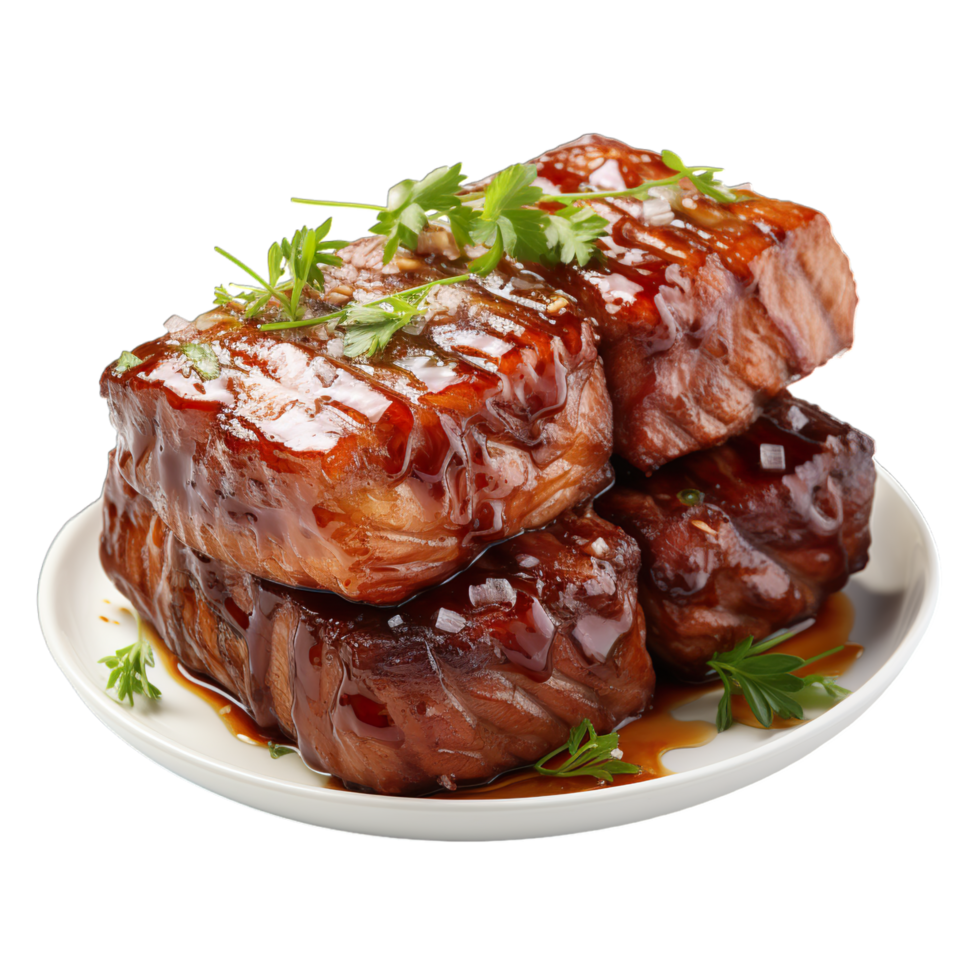 Three pieces of meat on a plate with sauce png