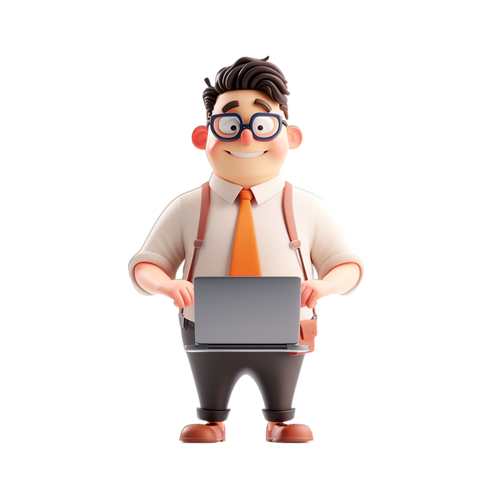 A cartoon man with glasses and tie holding a laptop png