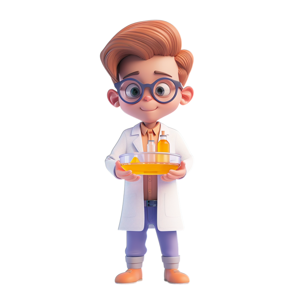 A cartoon boy in a lab coat holding a test tube png