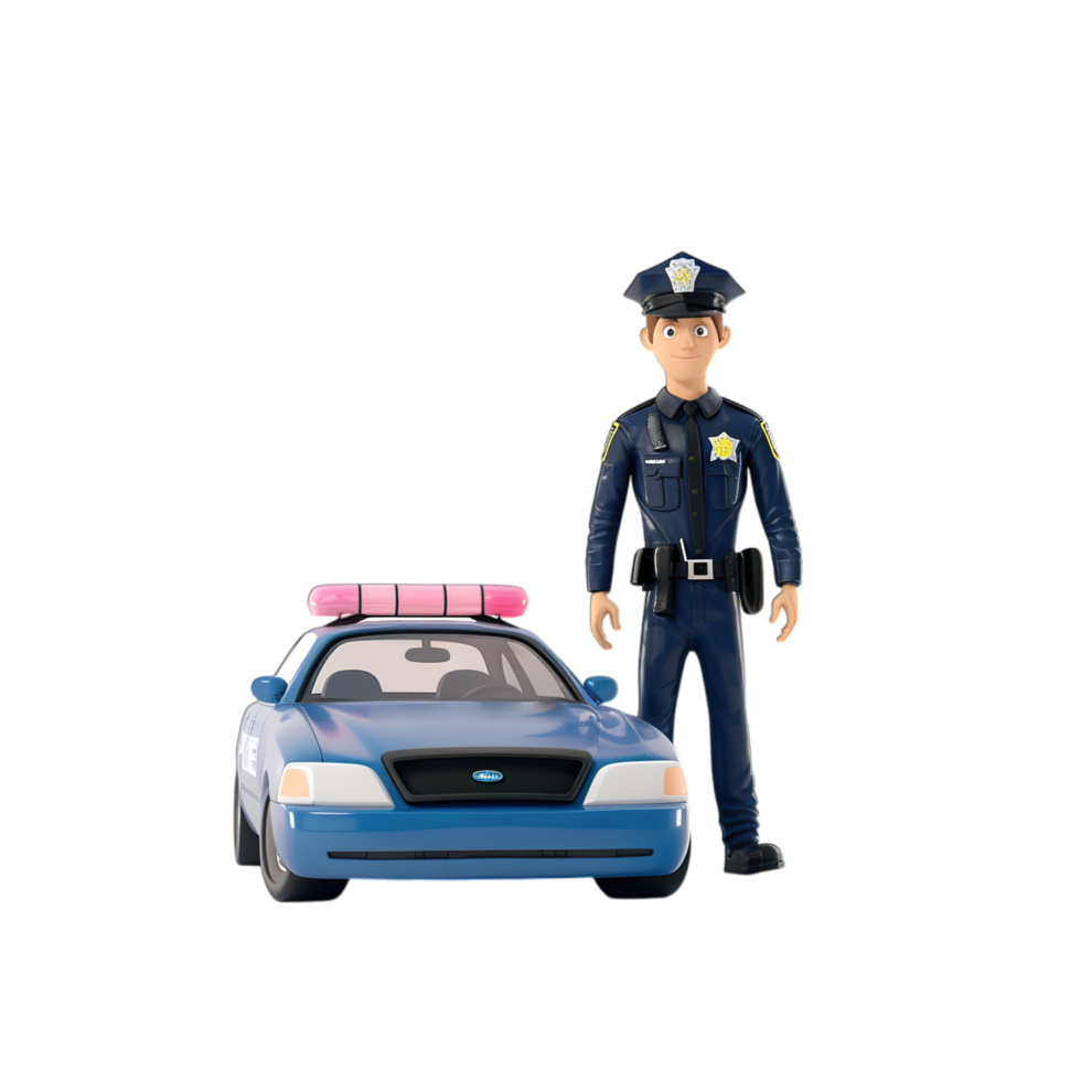 A toy police officer stands next to a toy car png