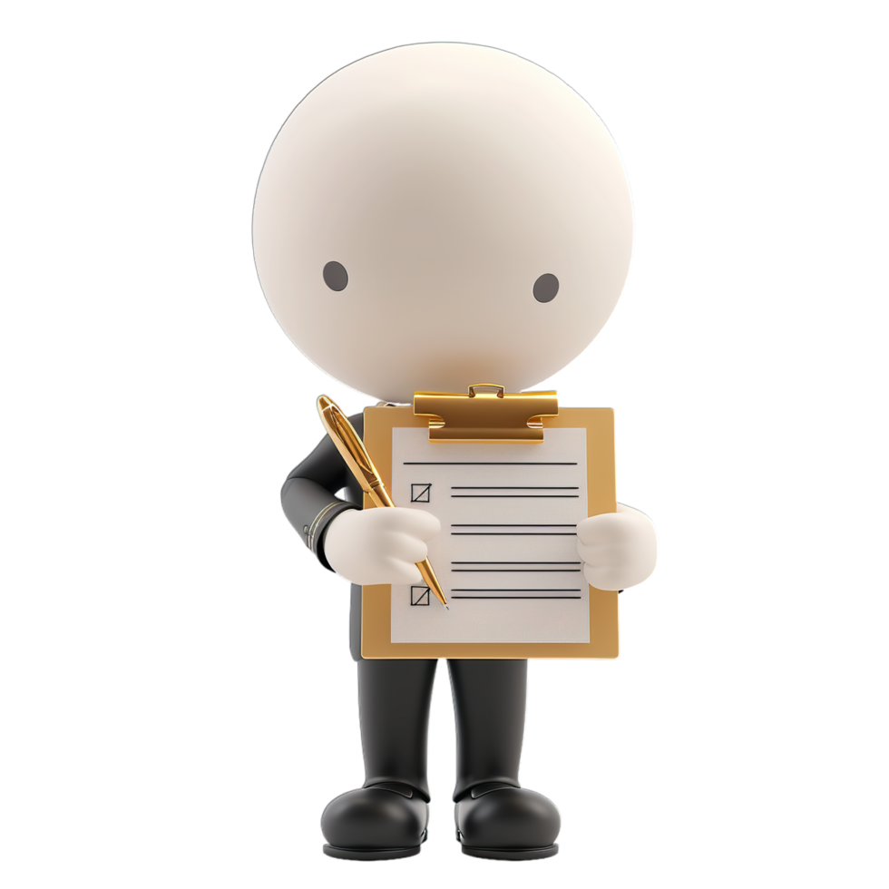 3d man holding clipboard with pen and paper png