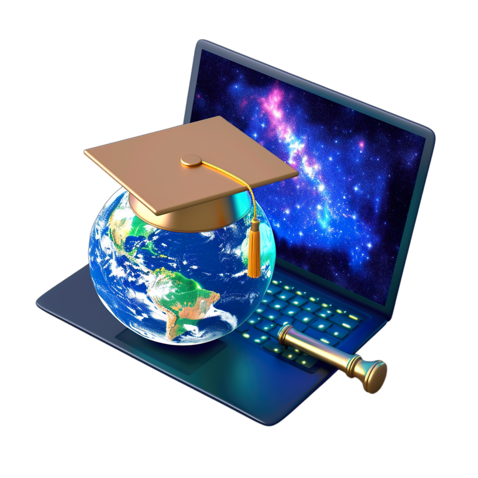 A laptop computer with a graduation cap and globe png