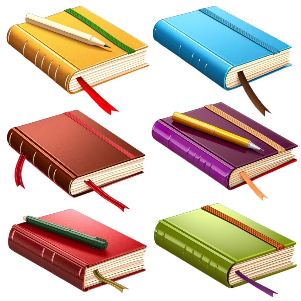 A set of six different colored books and pens png