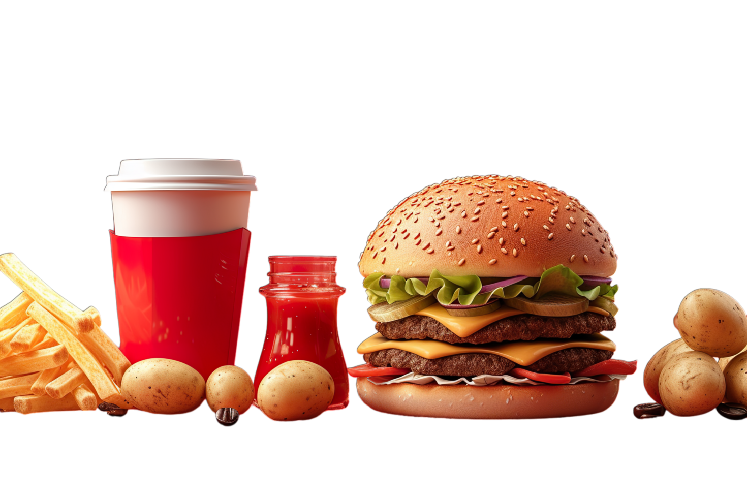 A hamburger, fries, and a drink are shown png