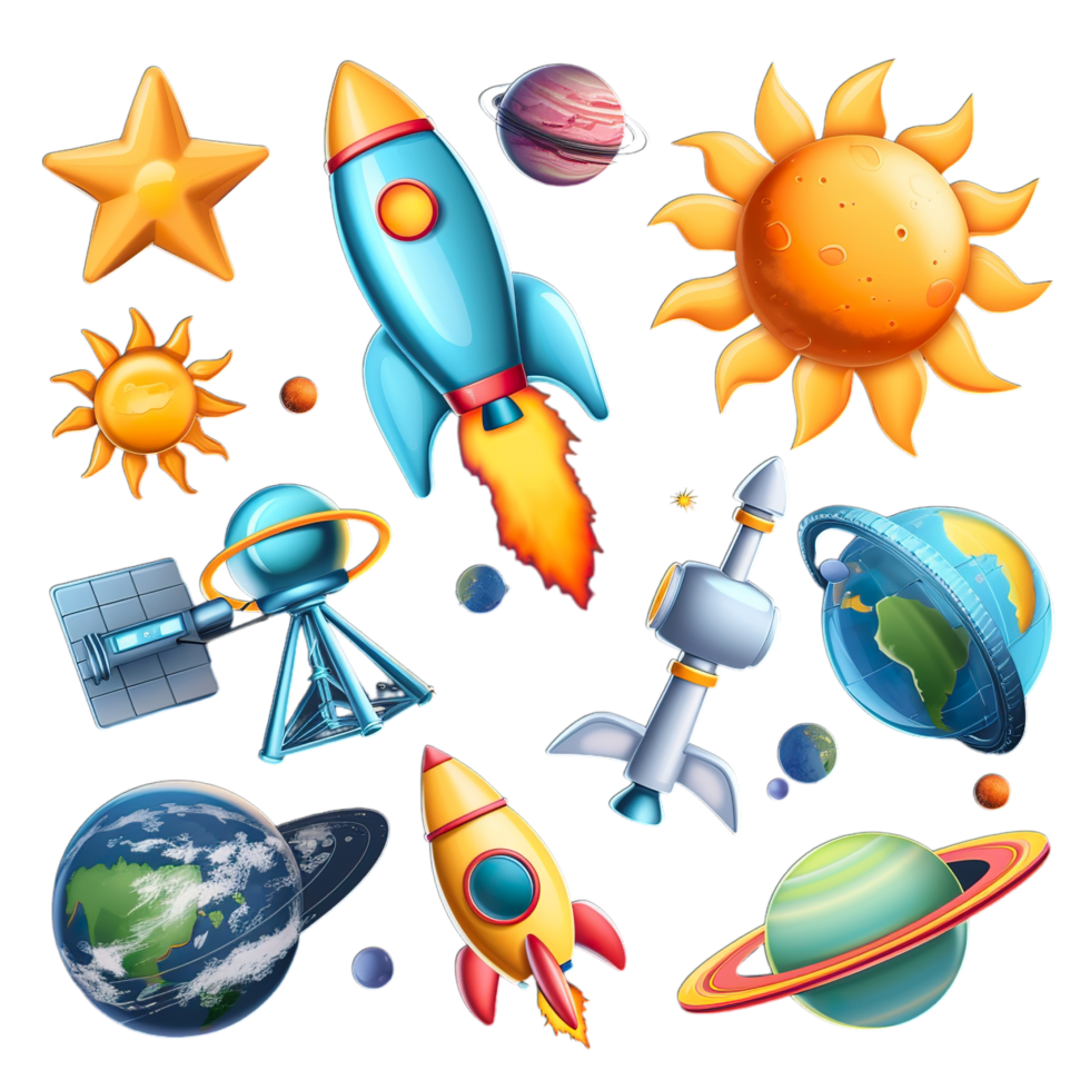 Cartoon space station set with rocket, sun, planets and other objects png