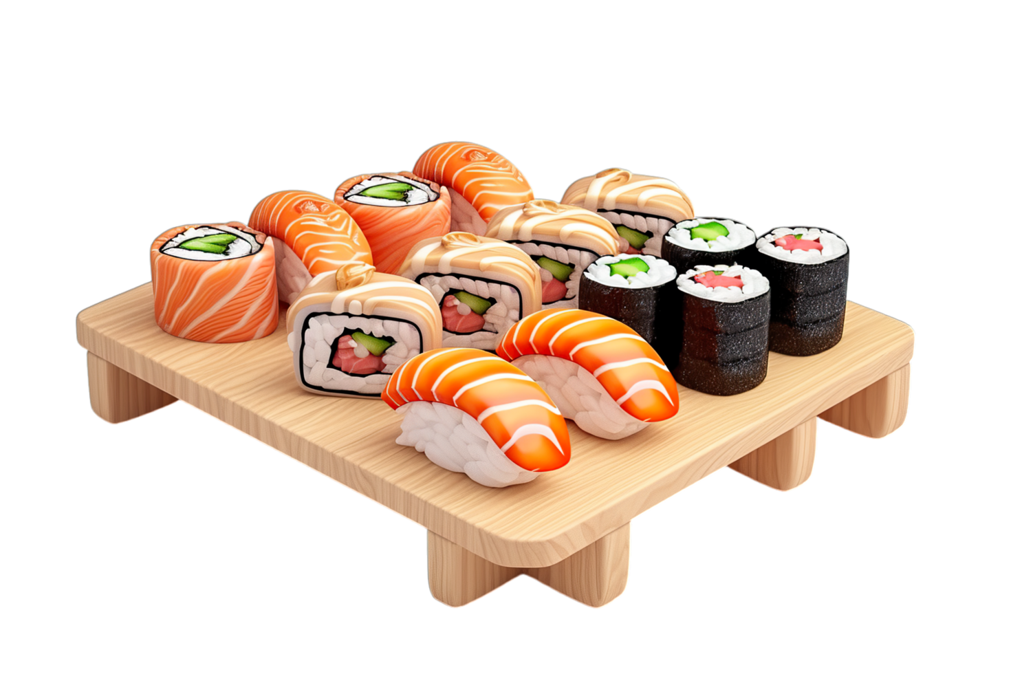 Sushi on a wooden tray with a black background png