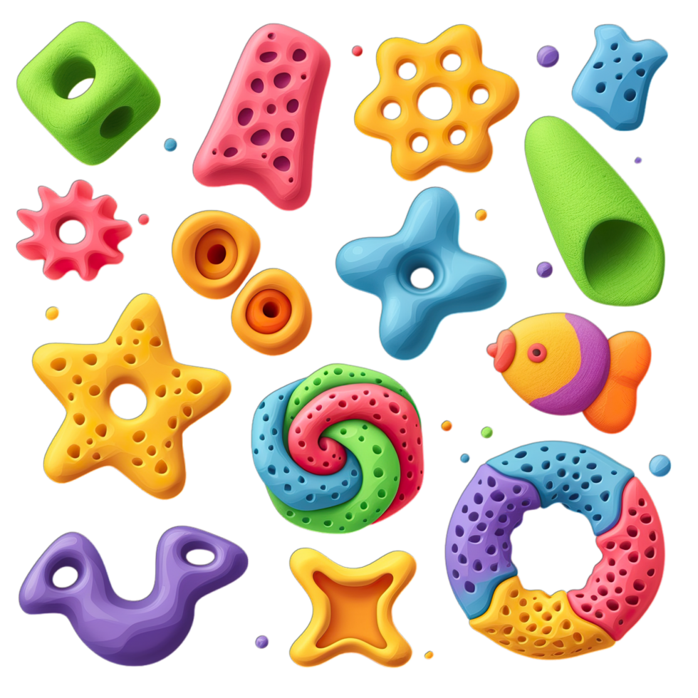 A set of colorful plastic toys on a black background png