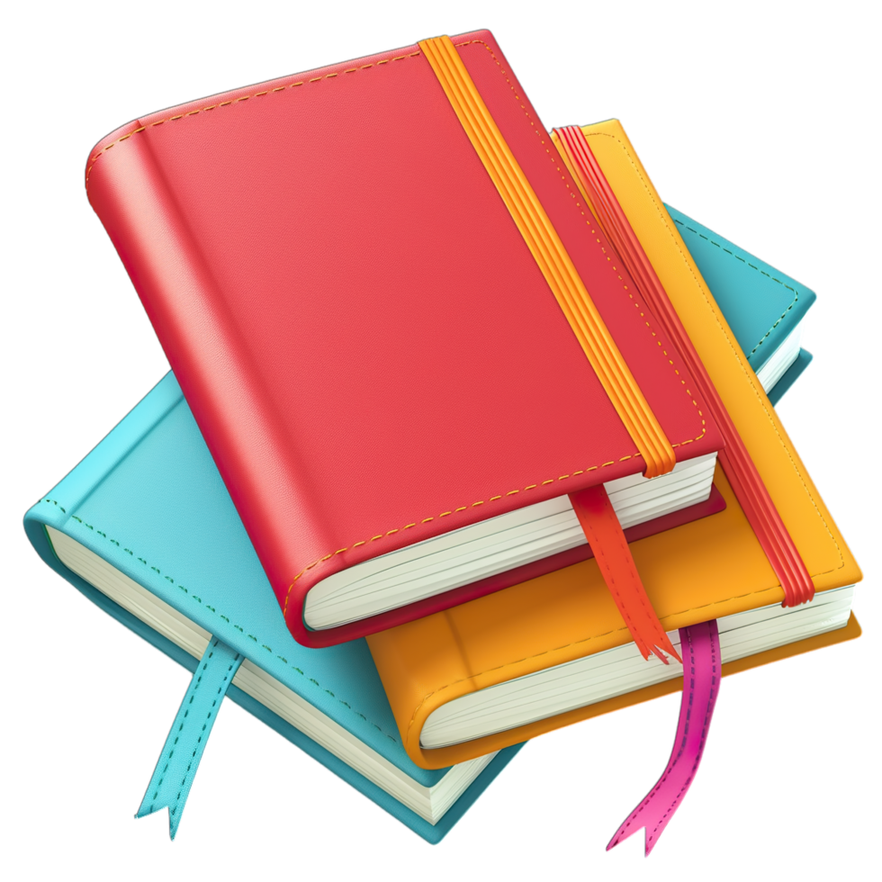 Three books with colorful ribbons on them png