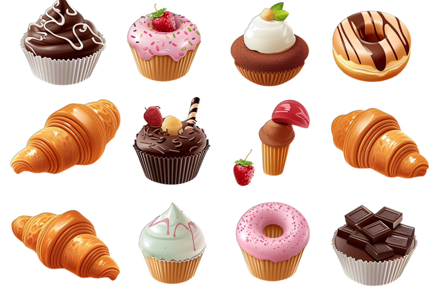 A set of cupcakes and donuts on a black background png