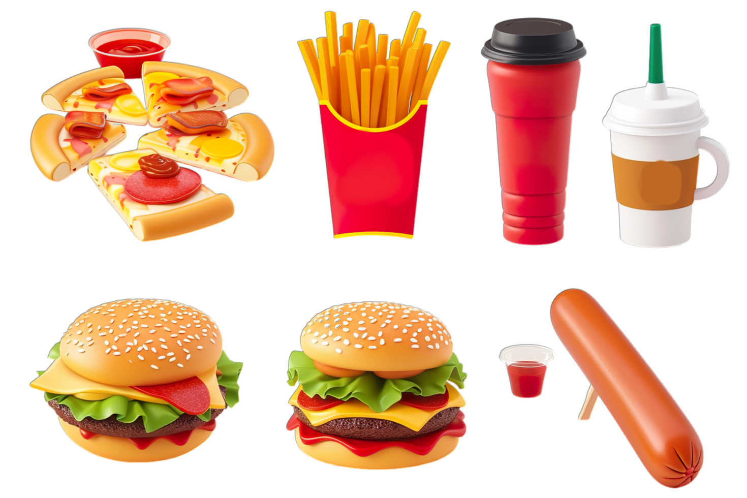 A set of fast food items including a hamburger, fries, and a drink png