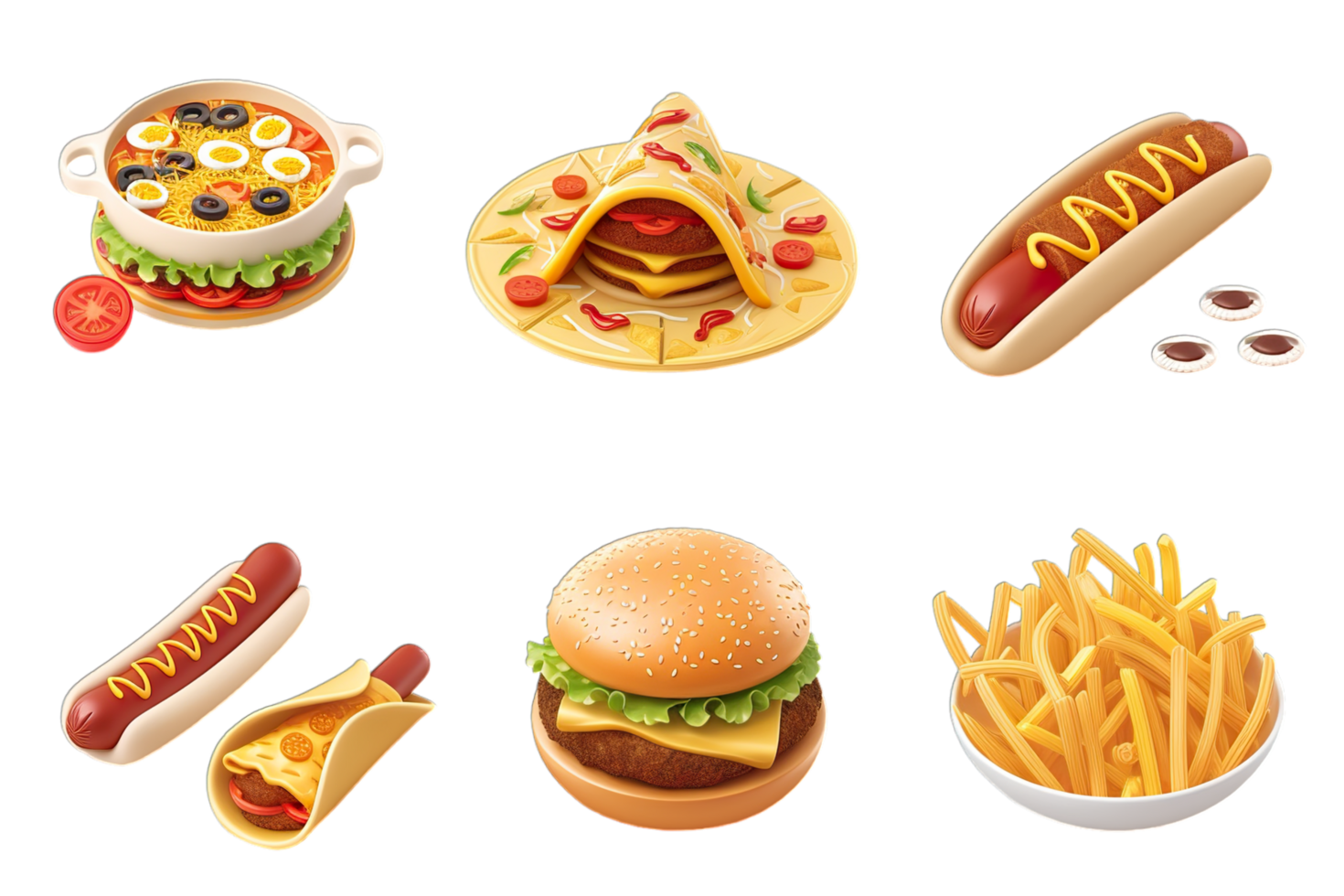 A set of food icons that include hot dogs, french fries, and hamburgers png
