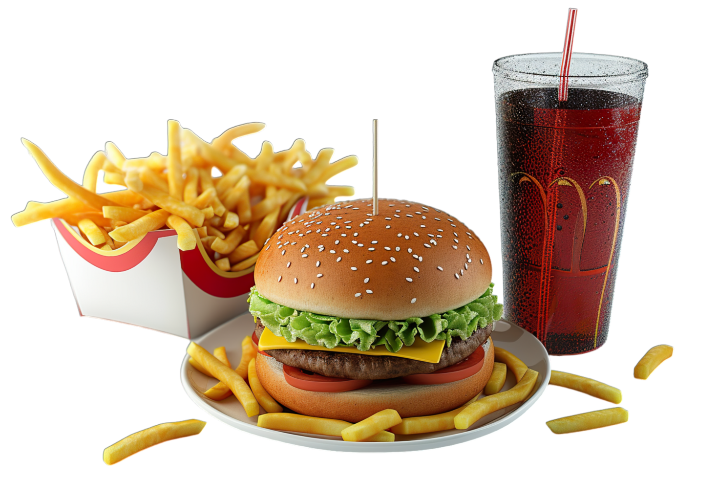 A hamburger and fries on a plate png