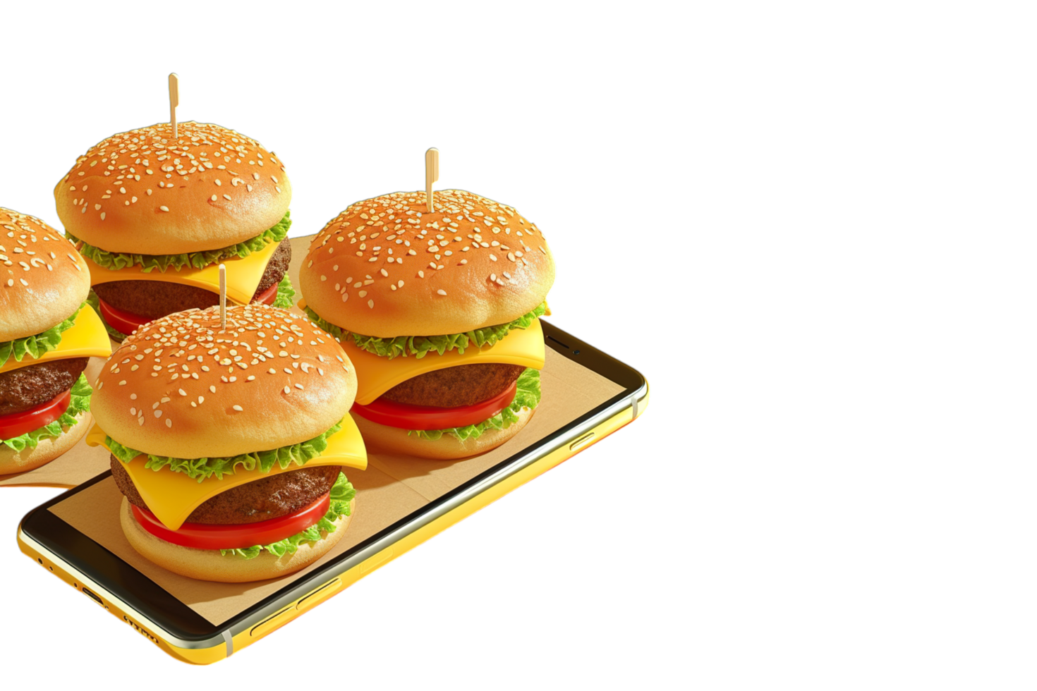 Four hamburgers on a tray with a cell phone png