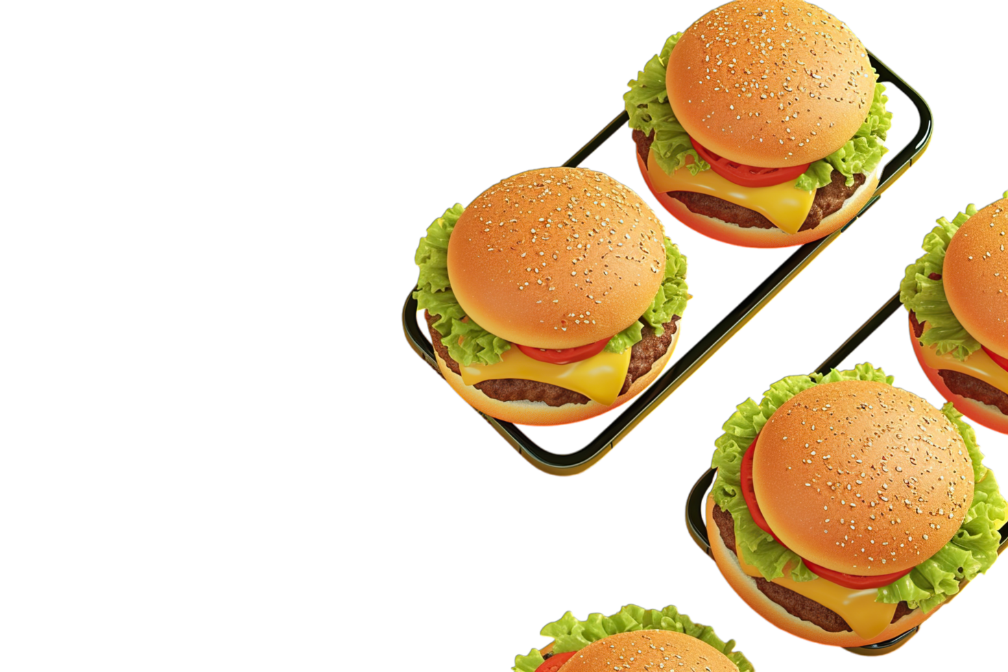 Four hamburgers are arranged in a square tray png