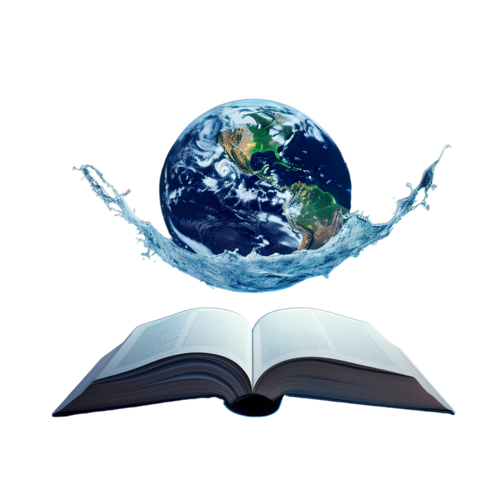 An open book with the earth floating above it png