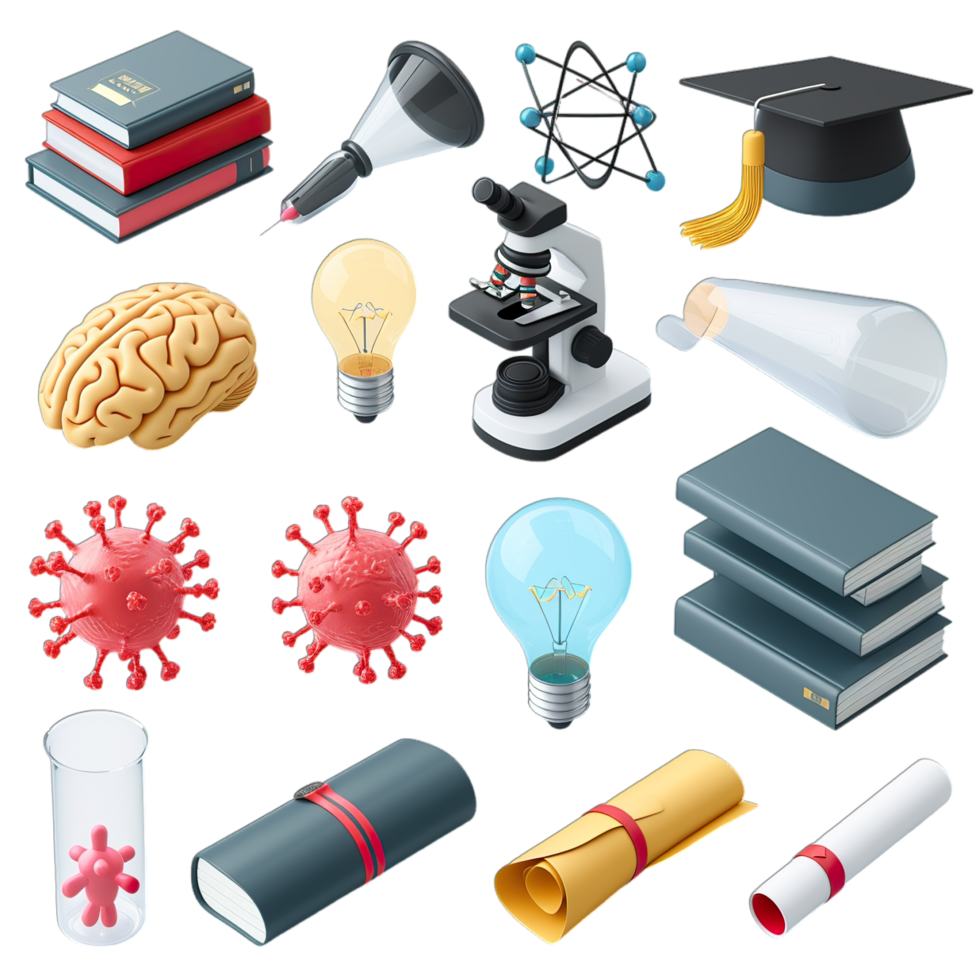 Various science and medical items including a microscope, books, and a graduation cap png