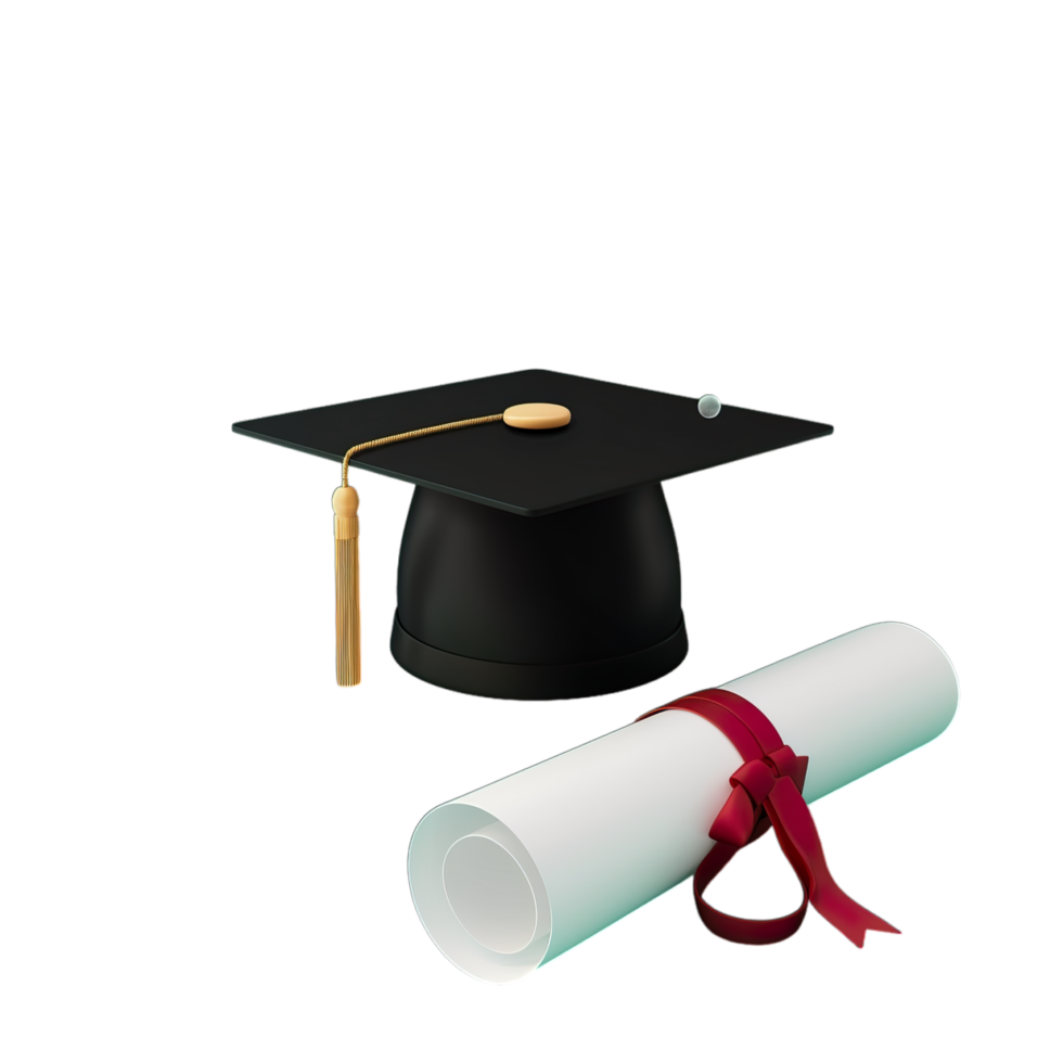 Graduation cap, diploma and roll of paper png