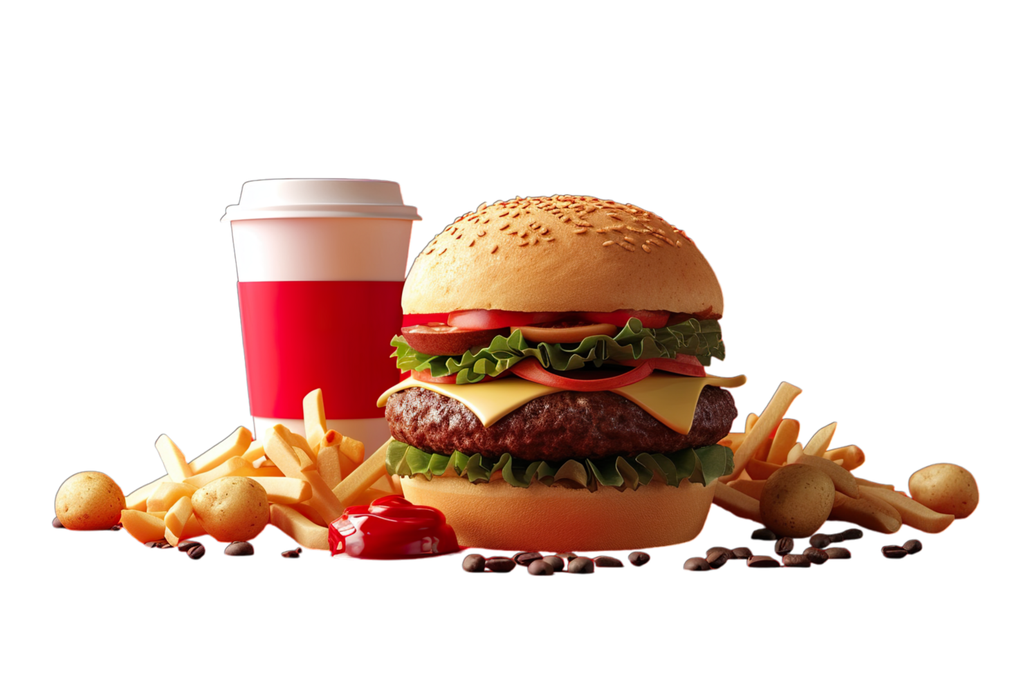A hamburger and fries with a drink png