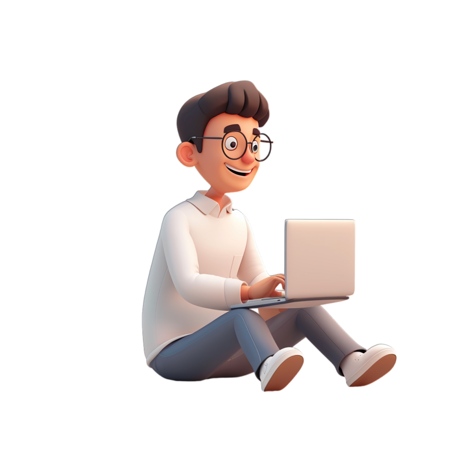 A cartoon man sitting on the floor with a laptop png
