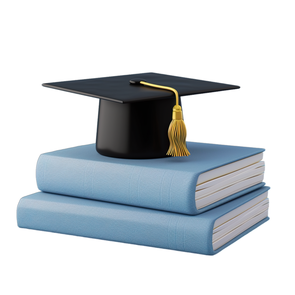 A graduation cap and books on a black background png