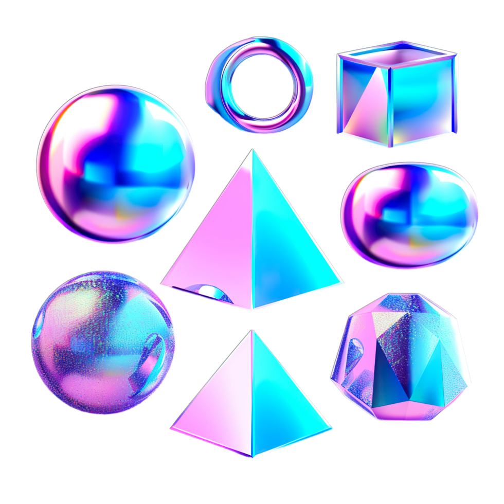 A set of different colored holographic objects png