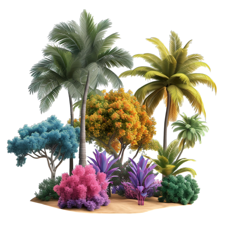 A group of colorful palm trees and bushes png