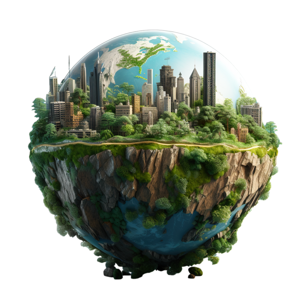 A city on a globe with trees and buildings png