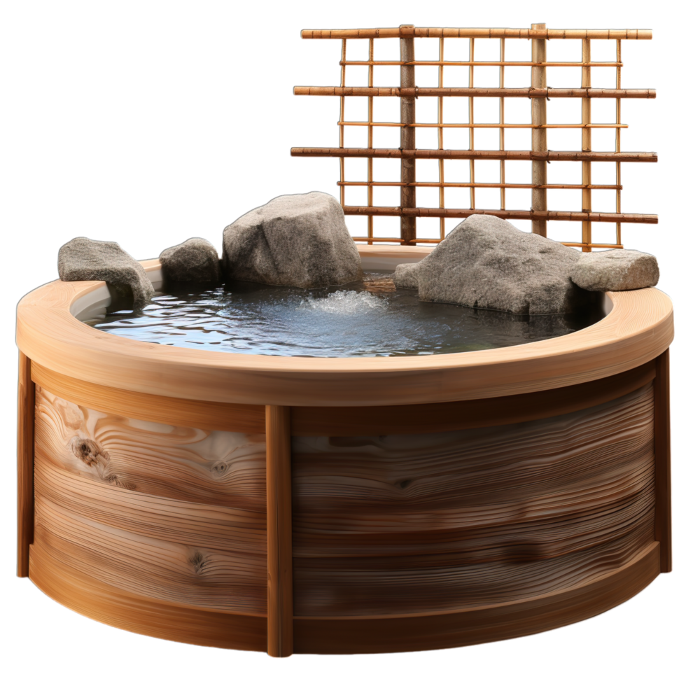 A wooden hot tub with rocks and water png