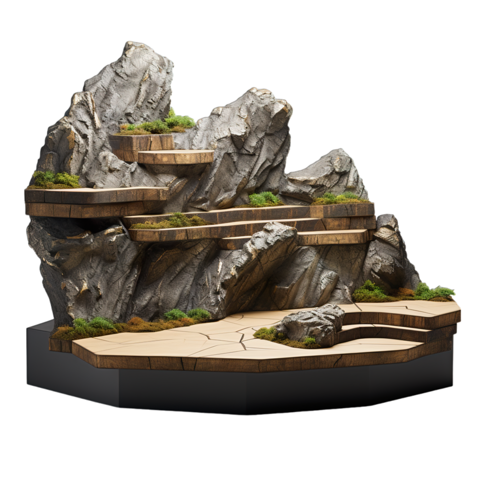 A rock and wooden structure with stairs and plants png