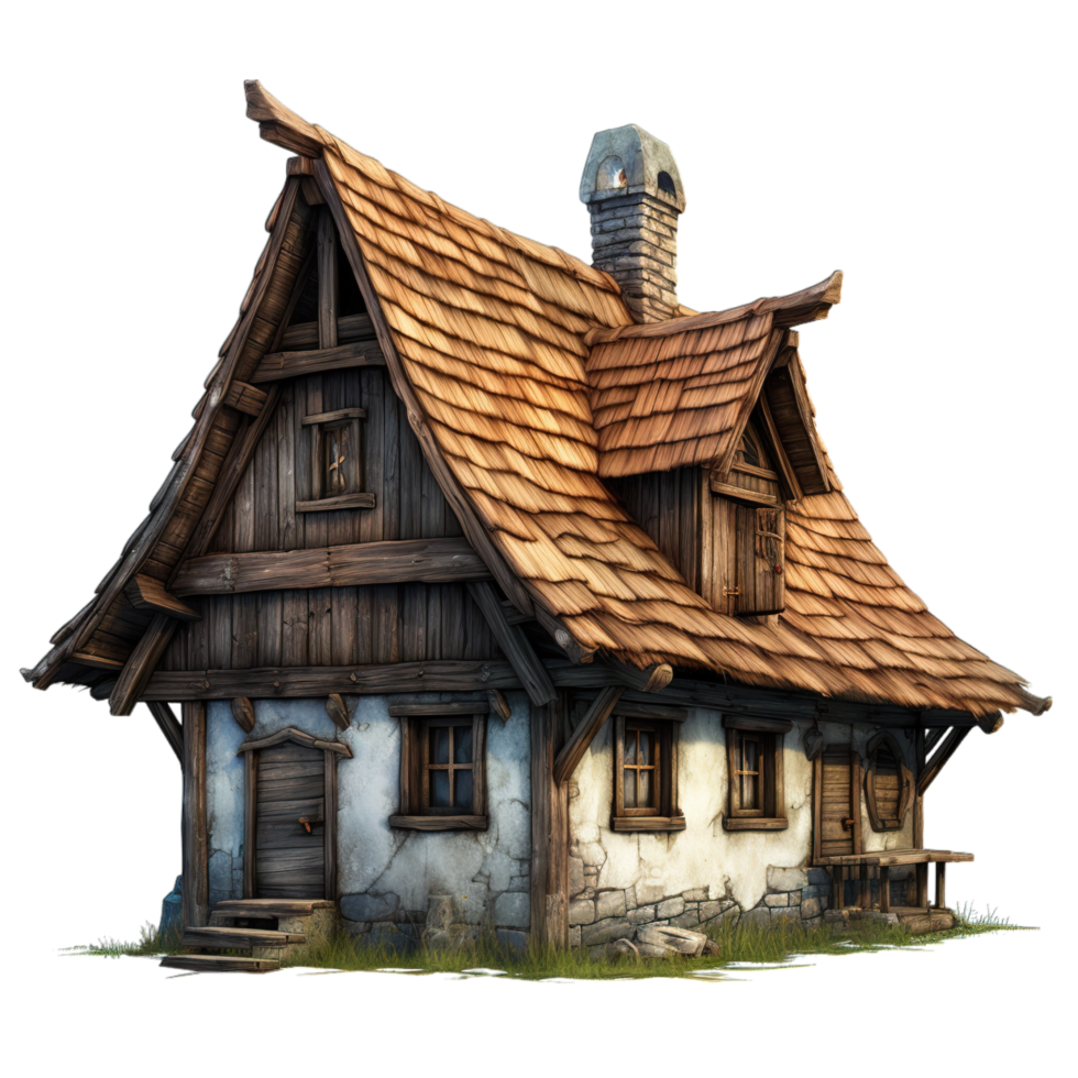An old wooden house with a roof and a chimney png