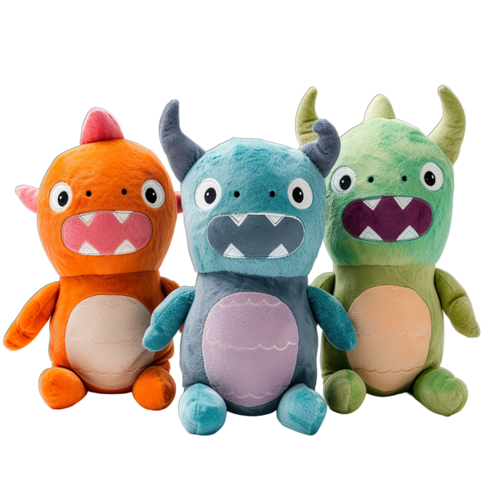 Three stuffed animals with different colors and sizes png