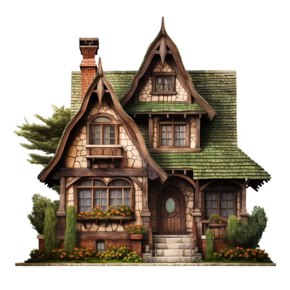 A house with a green roof and a green front door png