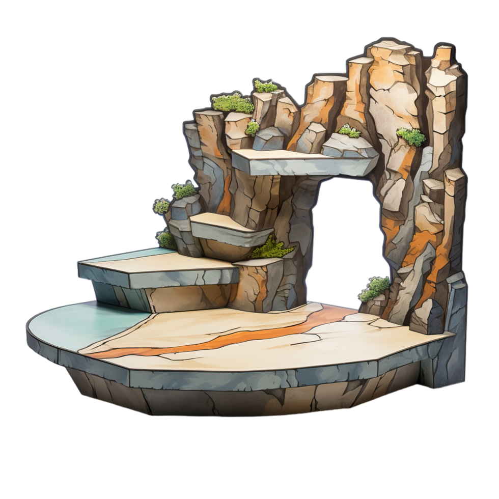 A rock stage with a waterfall and plants png