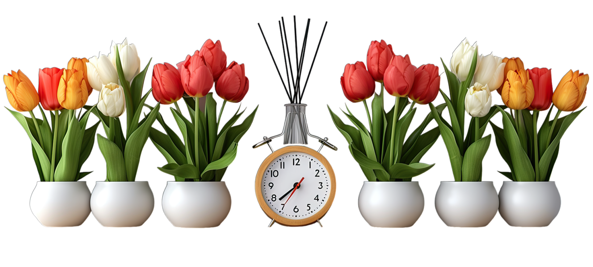 A group of white vases with tulips and a clock png