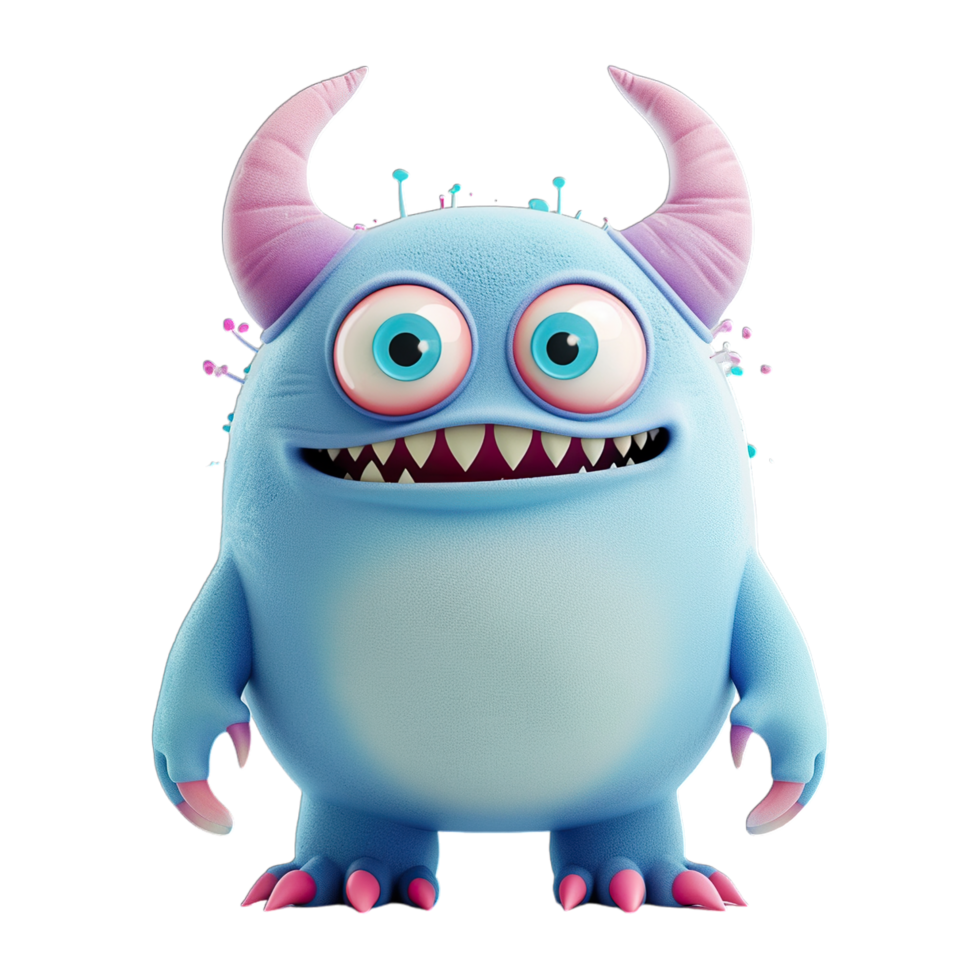 A blue monster with pink eyes and horns png
