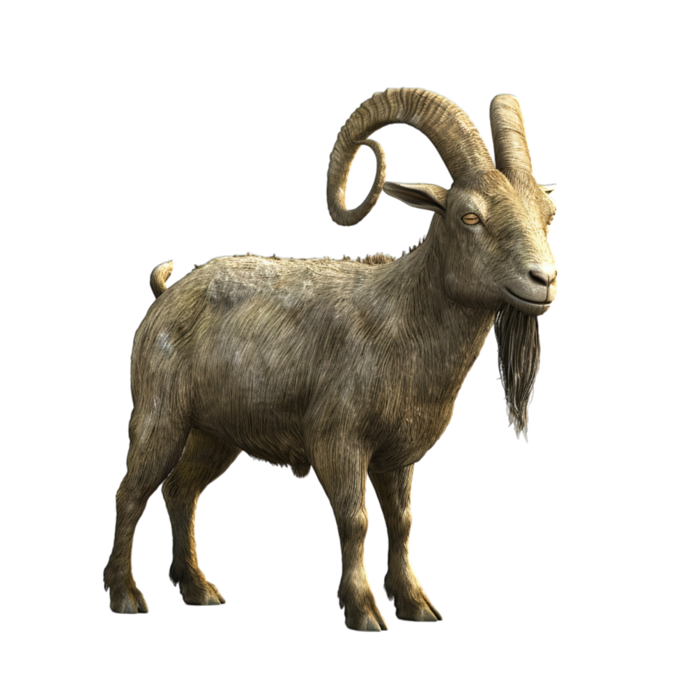 A goat with long horns standing on a black background png
