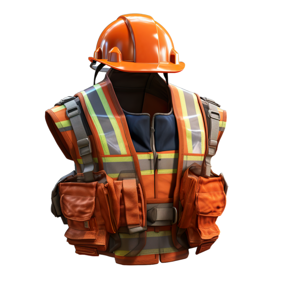 An orange construction vest with a hard hat png
