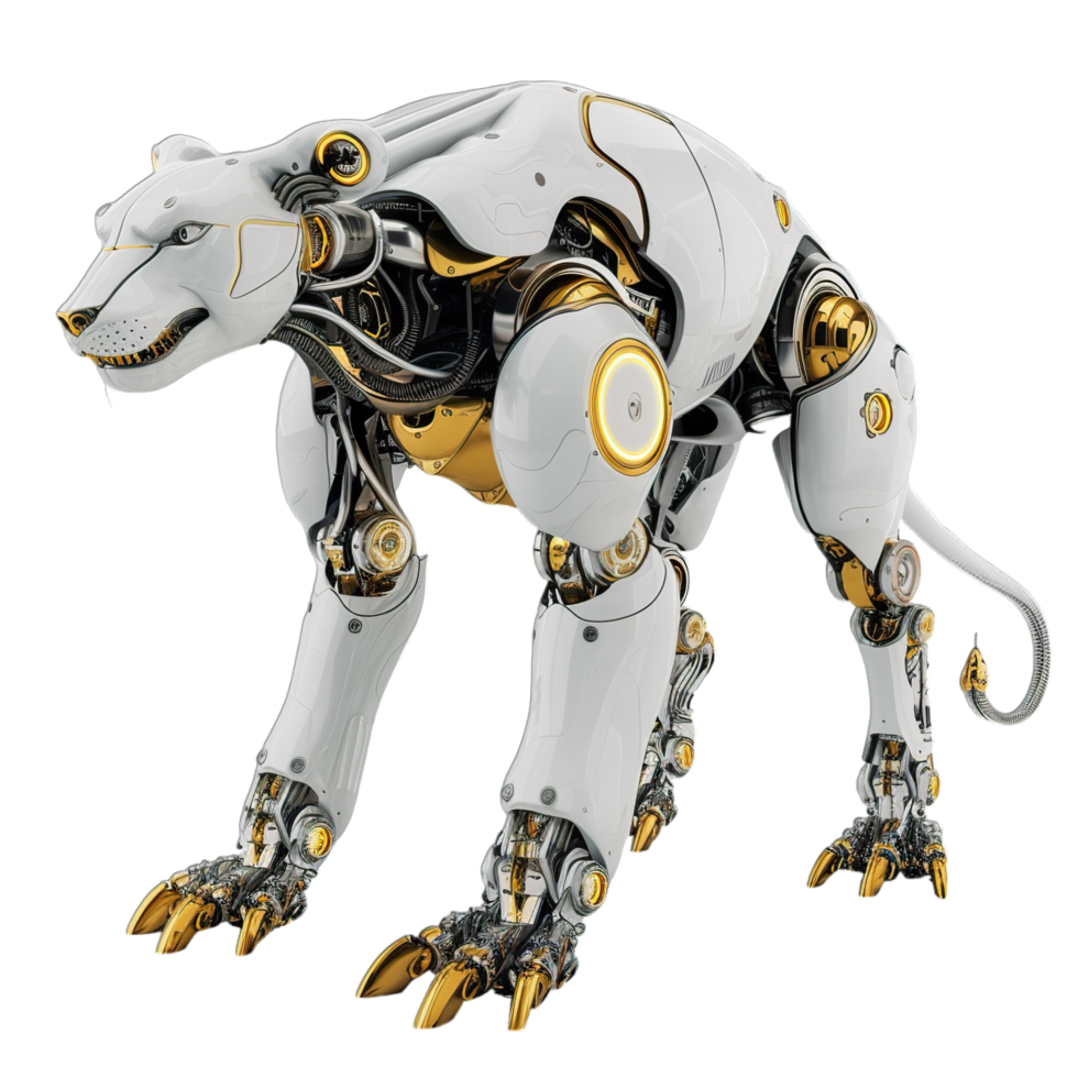 A white and gold robot lion with a black background png
