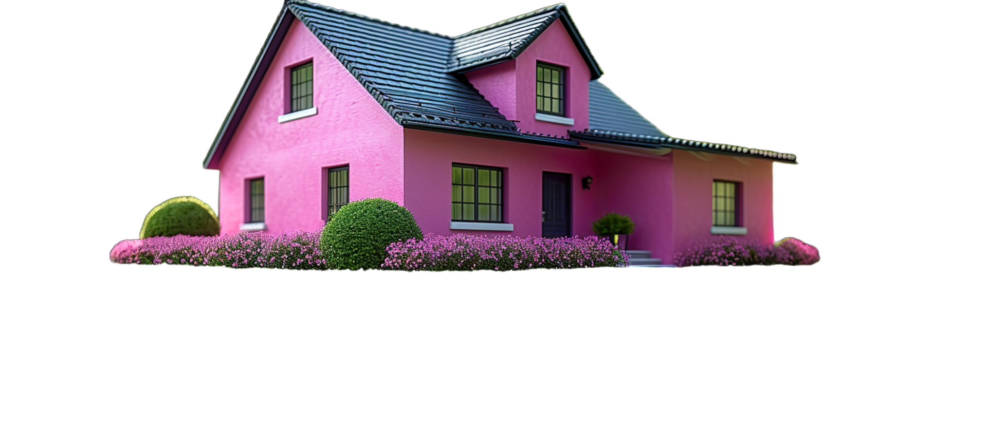 A pink house with a black roof and a black door png