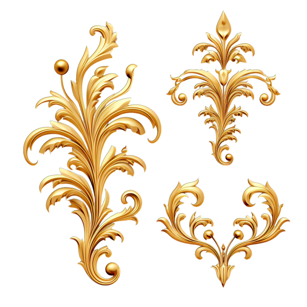 Golden floral design elements on black background png