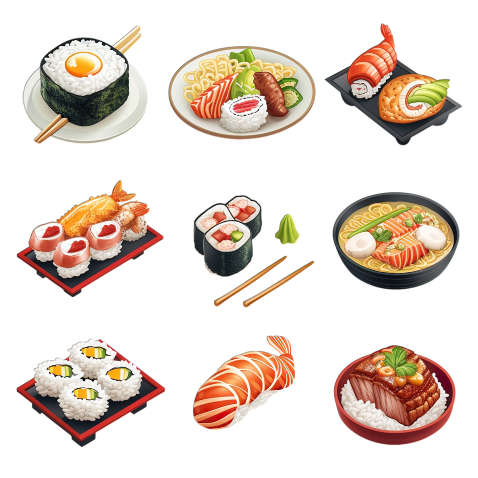A set of sushi icons on a black background png