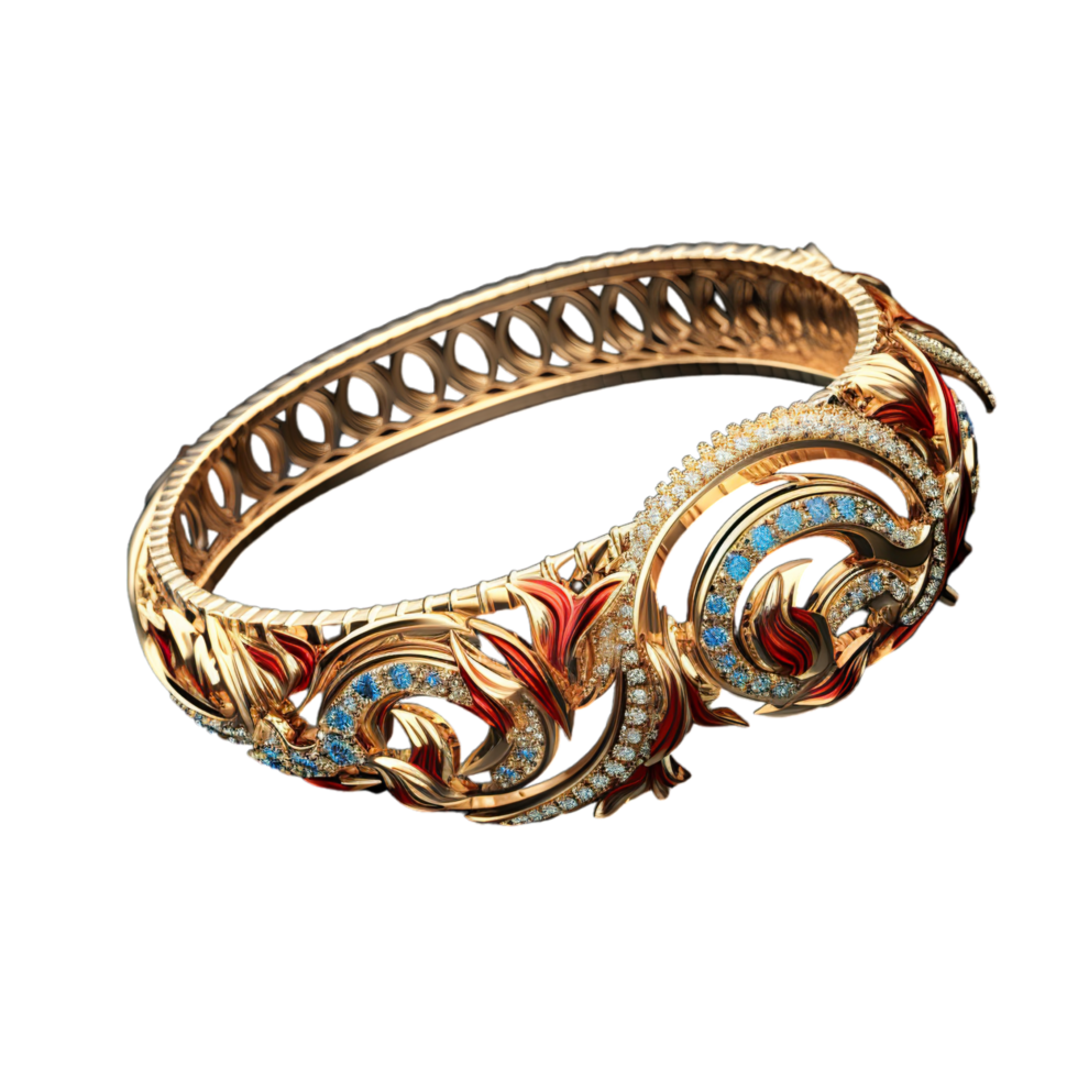 An ornate gold bracelet with blue and red stones png