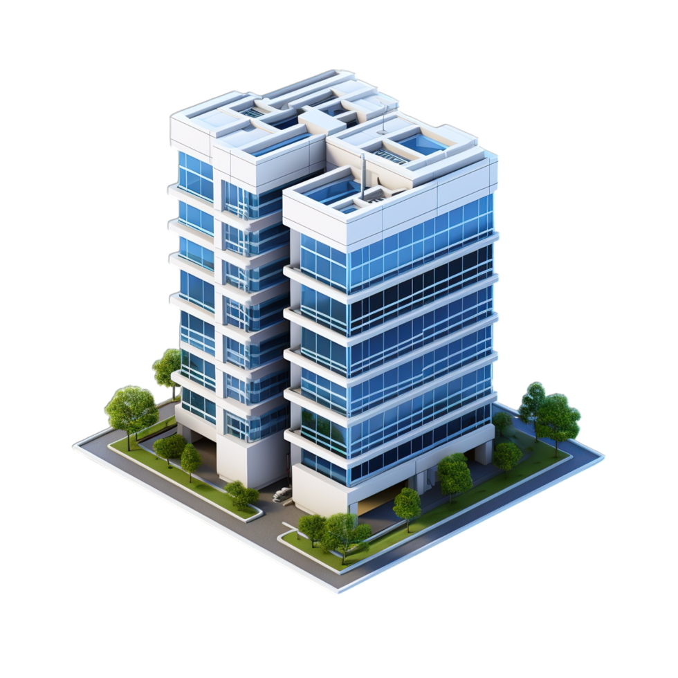 A 3d model of a building with windows png