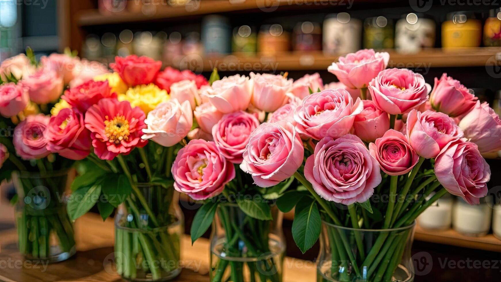 Flowers in glass vases on a wooden table photo