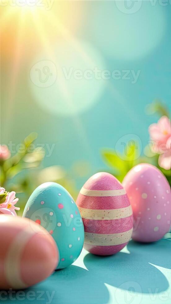 Easter eggs decorated with patterns, stripes, waves, dots in sun rays, is adorned with spring pastel flowers on spring blue background. photo