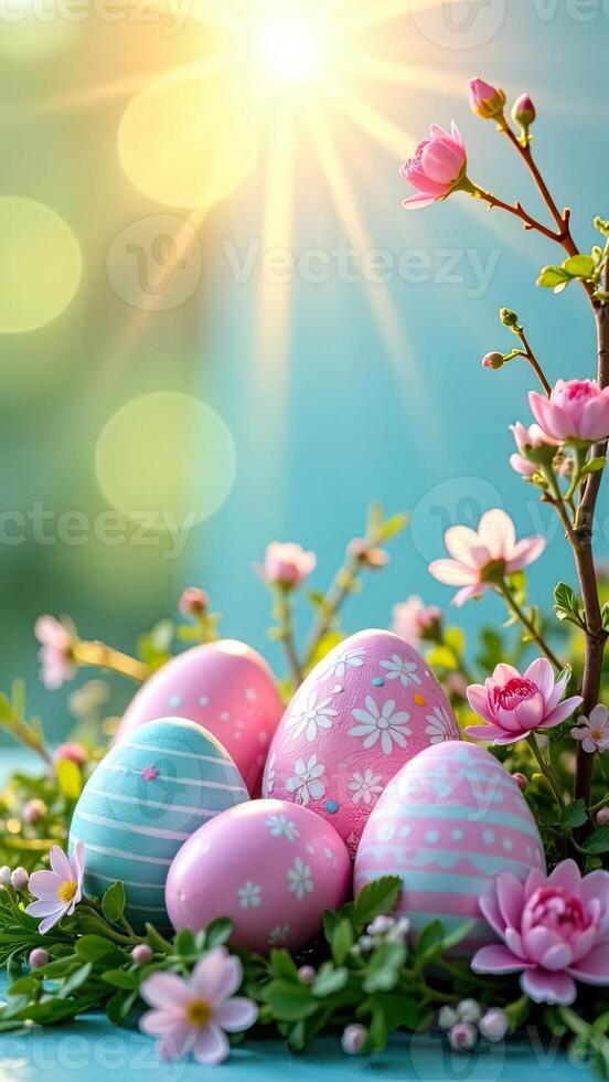 Easter eggs are decorated patterns, stripes, waves, dots in sun rays, is adorned with spring pastel flowers on spring blue background. photo