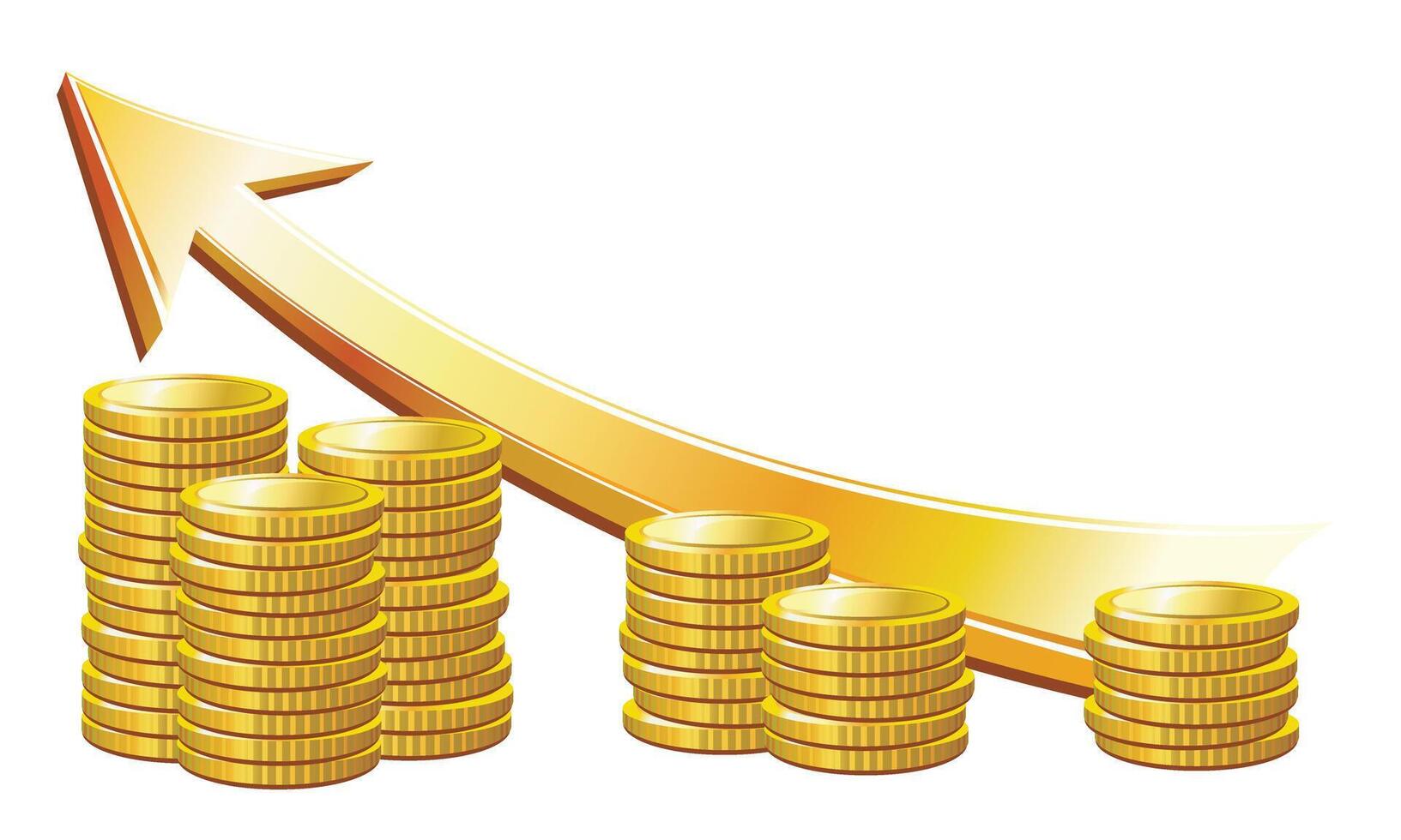 Illustration of gold coin stacks decreasing in height with a rising golden arrow vector