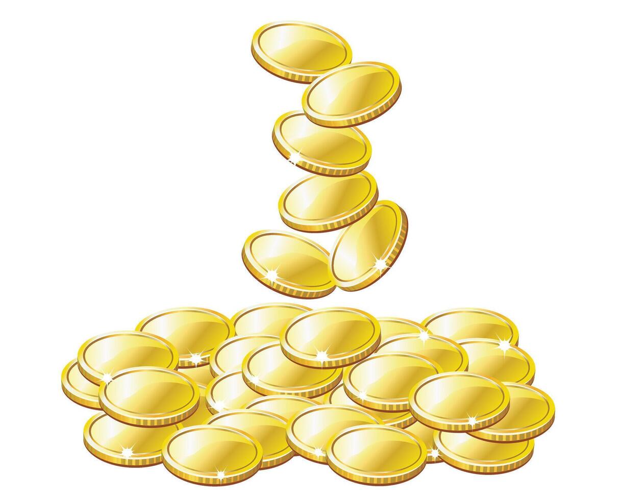 animated style illustration of gold coins falling into a shiny pile vector