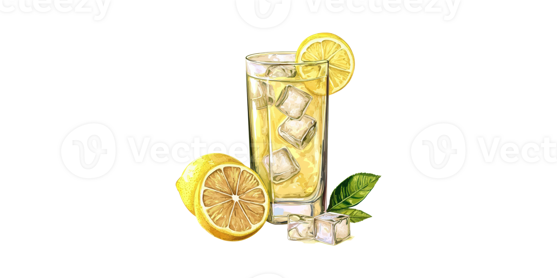 Glass Of Refreshing Lemonade With Ice Cubes And Fresh Lemons. Summer Beverage Concept Isolated On Transparent Background png