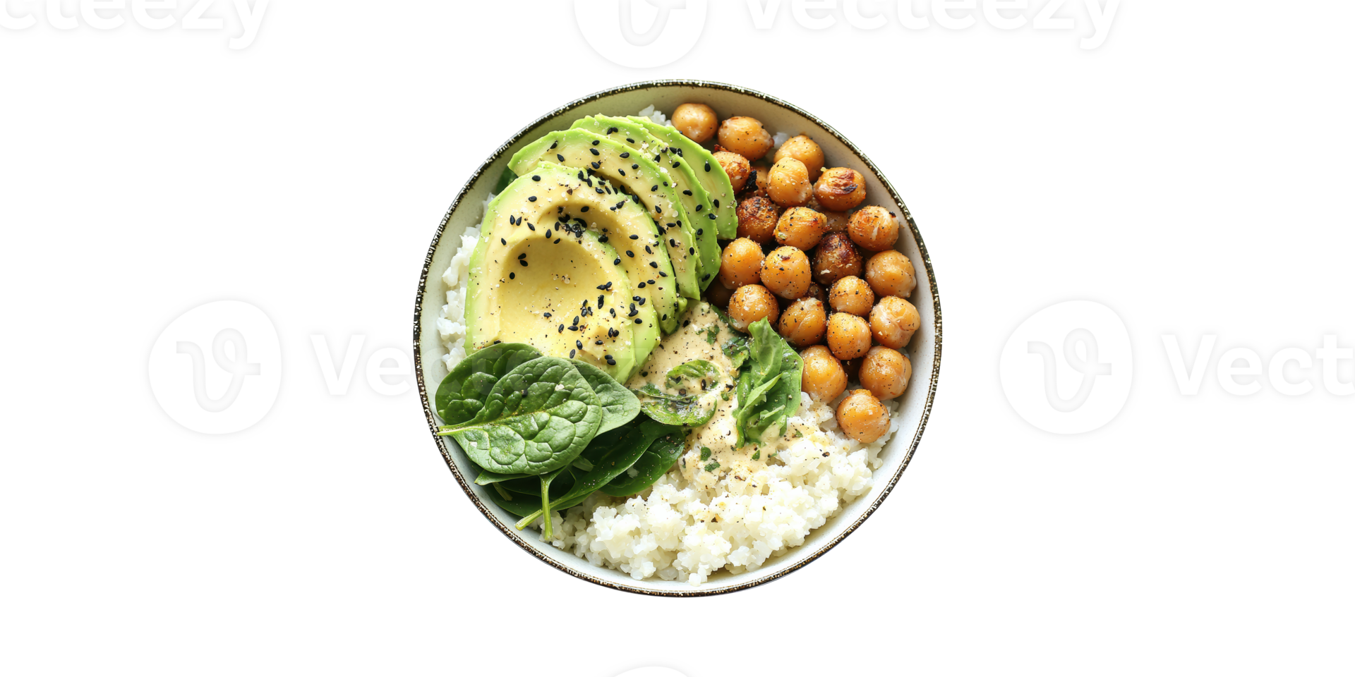 Healthy Vegan Buddha Bowl With Avocado, Chickpeas, Spinach, And Rice. Balanced Plant-Based Meal Isolated On Transparent Background png